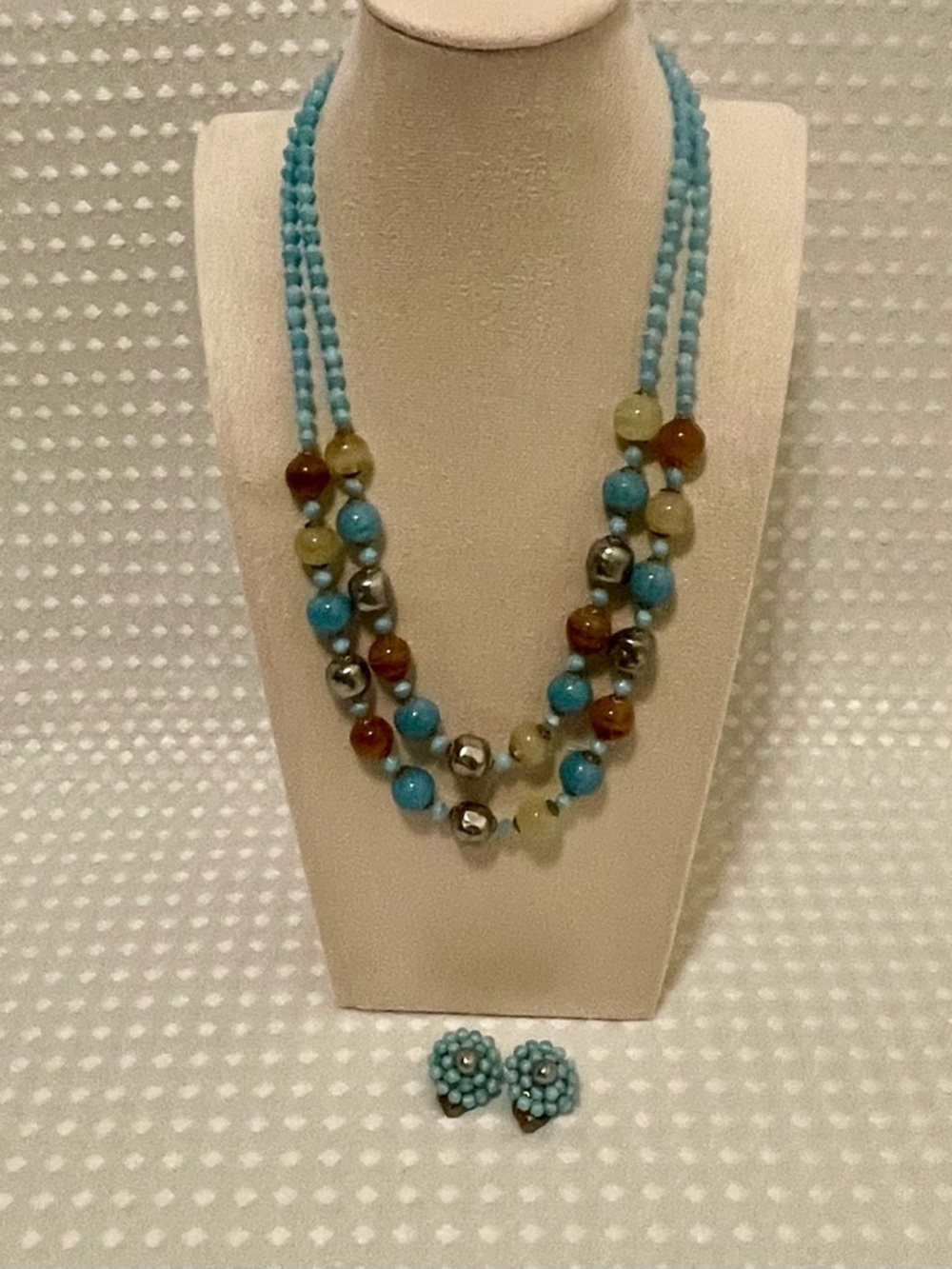 Vintage MCM Giuliano Fratti Multi-Strand‎ Blue Beaded Necklace & Earring Set